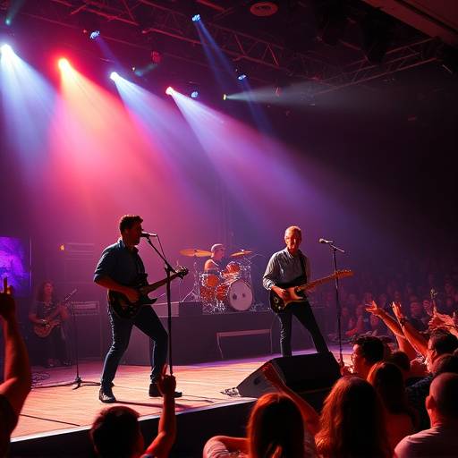 Footage captured from a live music concert, showing the band performing on stage with dynamic lighting and a cheering crowd.