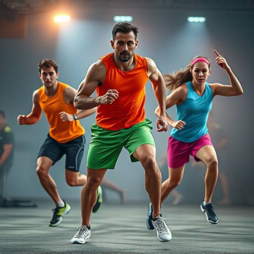 Shot from a vibrant commercial featuring a new line of sports apparel, with athletes in action against a dynamic background.